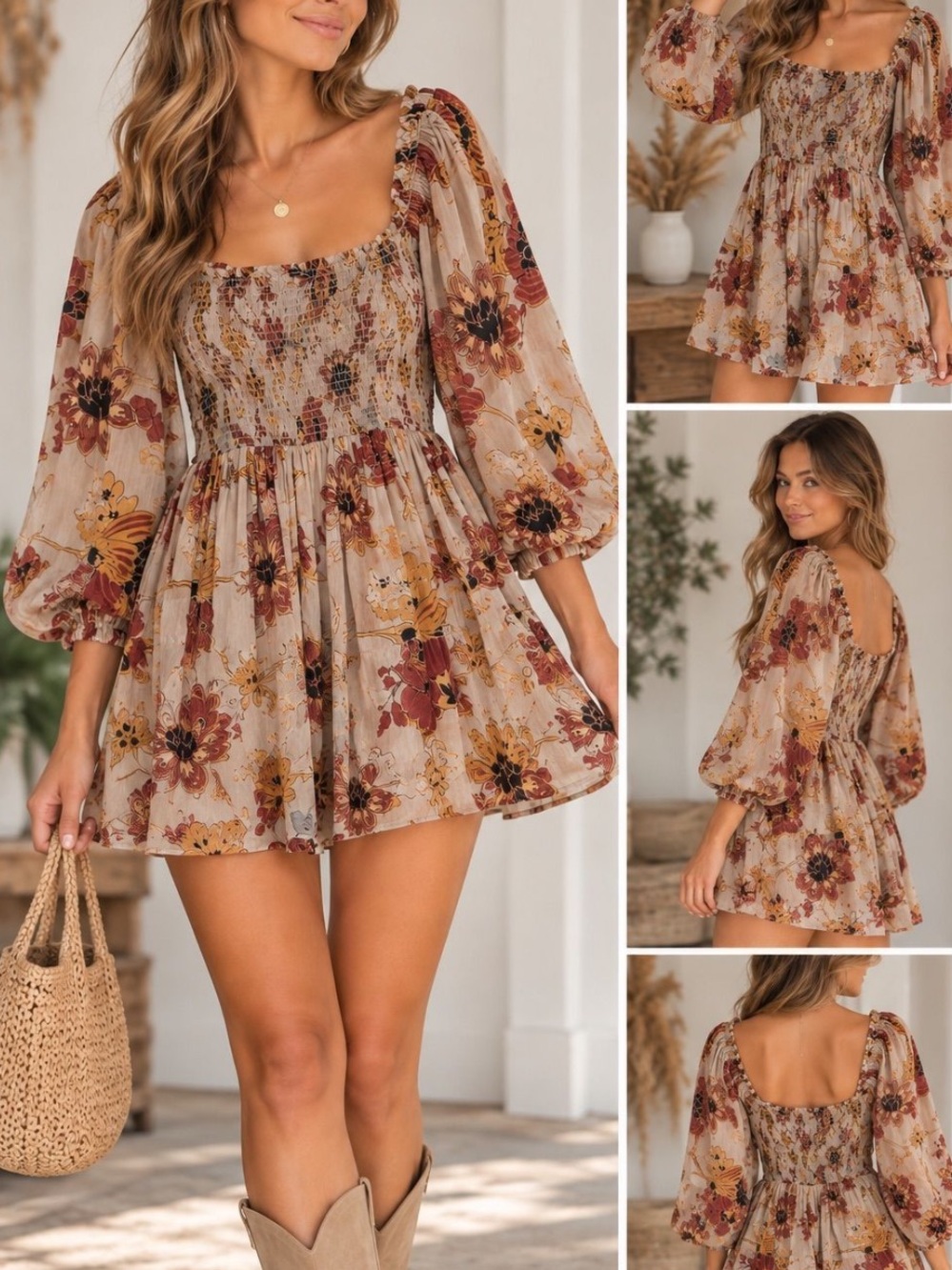 Angie Beige Floral Smocked Mini Dress with Puff Sleeves